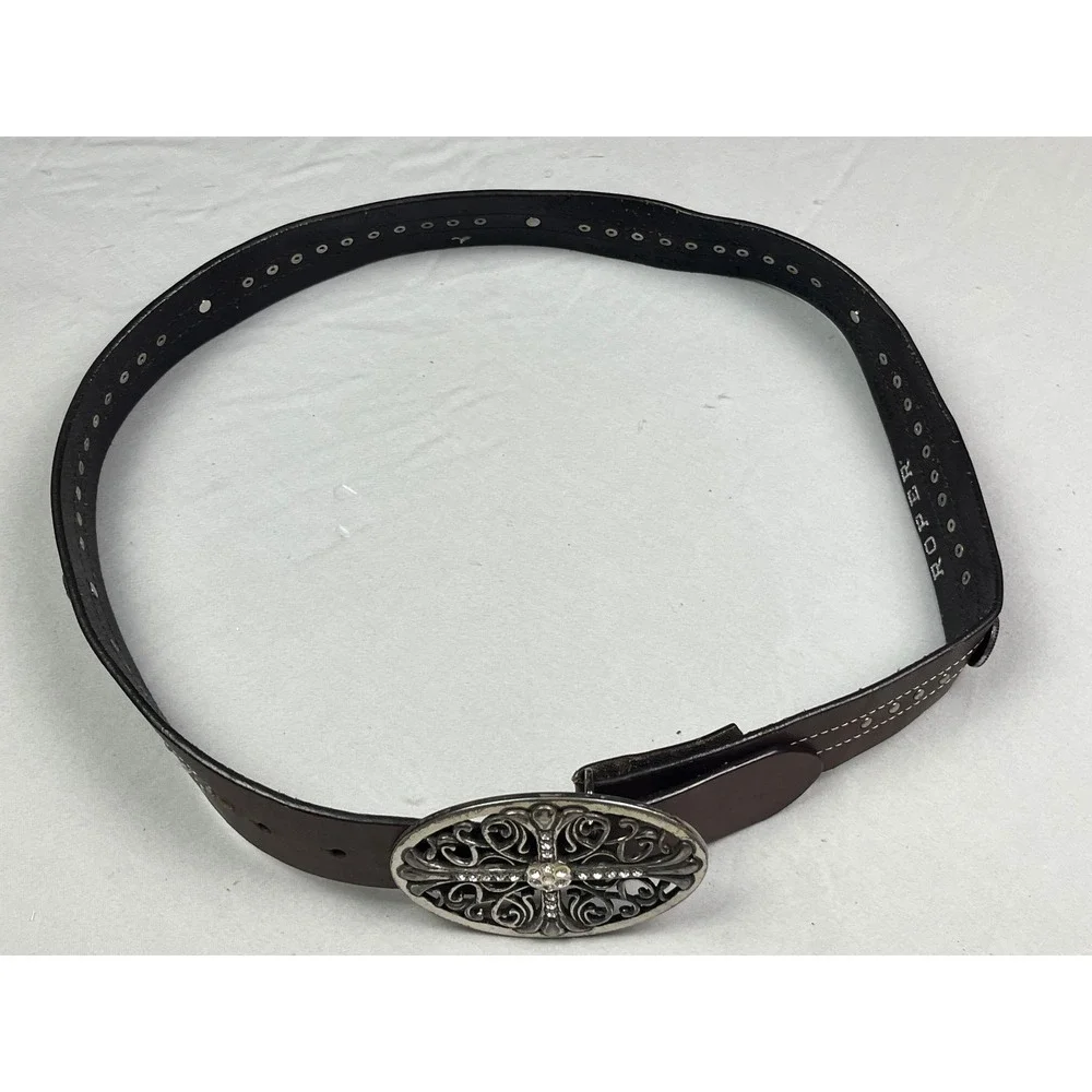 Roper Brown Leather Western Belt Large Rhinestone Filigree Cross Buckle Studded